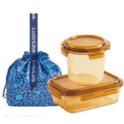 LocknLock Rhine Dynamic Amber Glass Lunch Box 3pcs Set including a rectangular and round container.