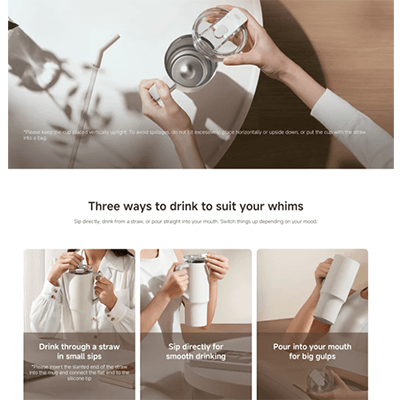 Xiaomi Straw Mug showcasing three drinking methods: sipping through straw, direct sipping, and pouring for big gulps.