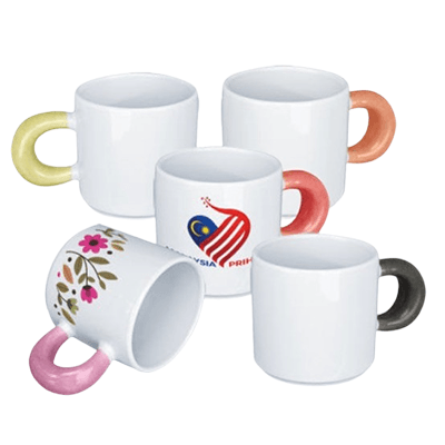 Ceramic Mug with Colorful Handle in various vibrant colors, ideal as a corporate gift.