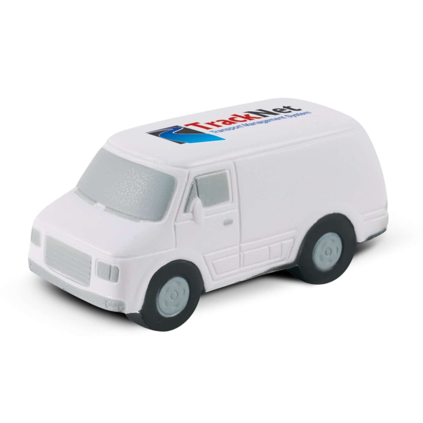 Stress Van shaped stress reliever with white body, grey accents, ideal for corporate gift and stress relief.