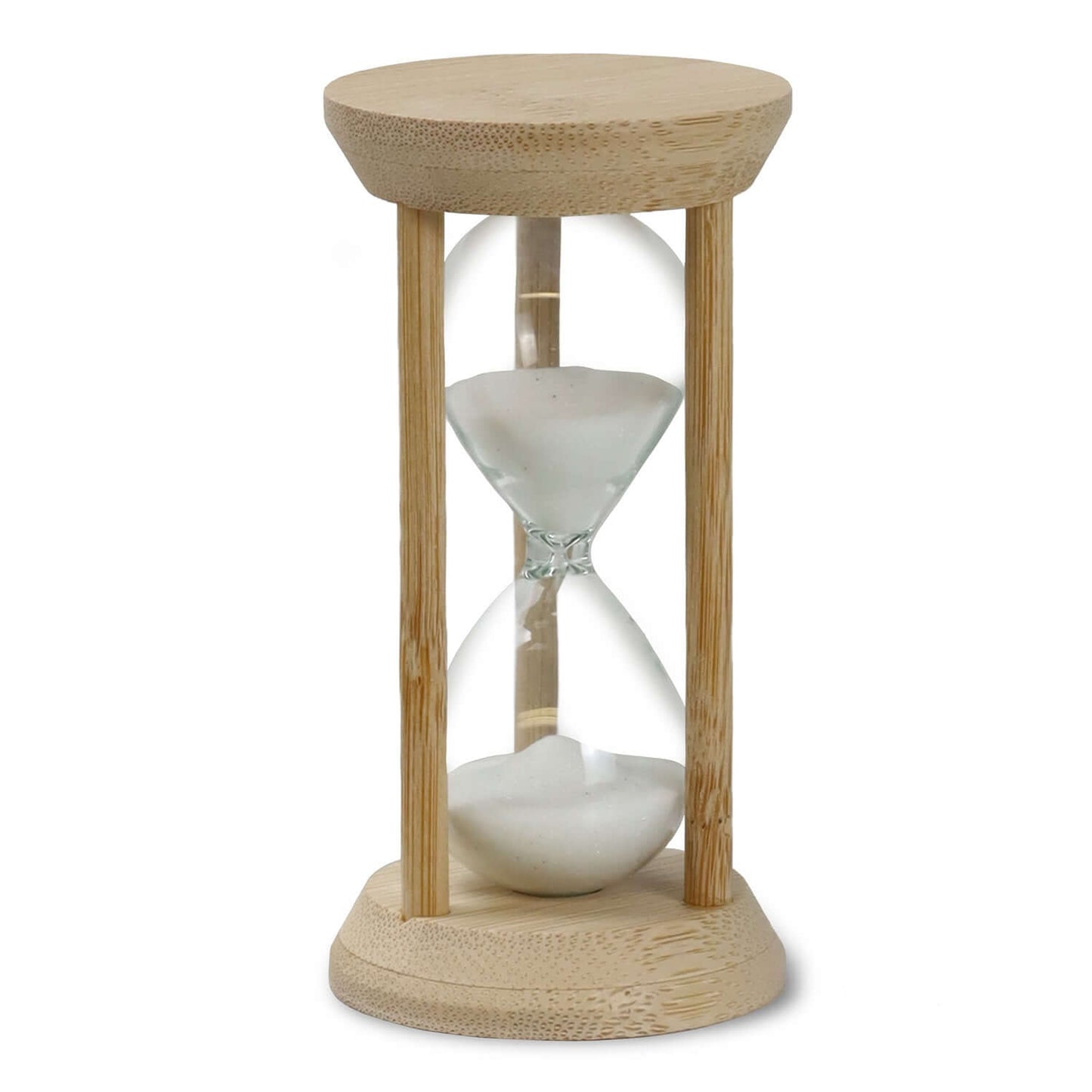 Tempus Bamboo Hourglass with white sand, 2-minute timer in a minimalist bamboo design, perfect corporate gift.