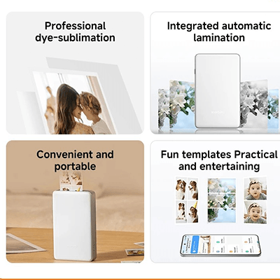 Xiaomi Portable Photo Printer Pro showcases features like dye-sublimation, automatic lamination, portability, and fun templates.