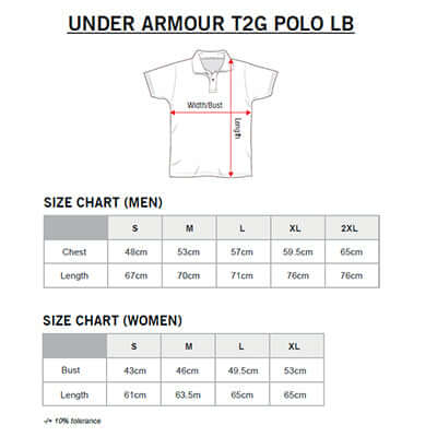 Size chart for Under Armour T2G Polo LB, detailing measurements for men and women across various sizes.