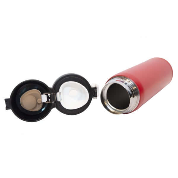 Matt Stainless Steel Flask 500ml with red exterior and lid open, showcasing interior design.