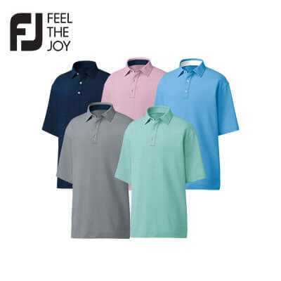 Footjoy Stretch Lisle Dot Print Polo T-Shirt in five colors: navy, pink, grey, mint, and light blue, perfect for corporate gifts.
