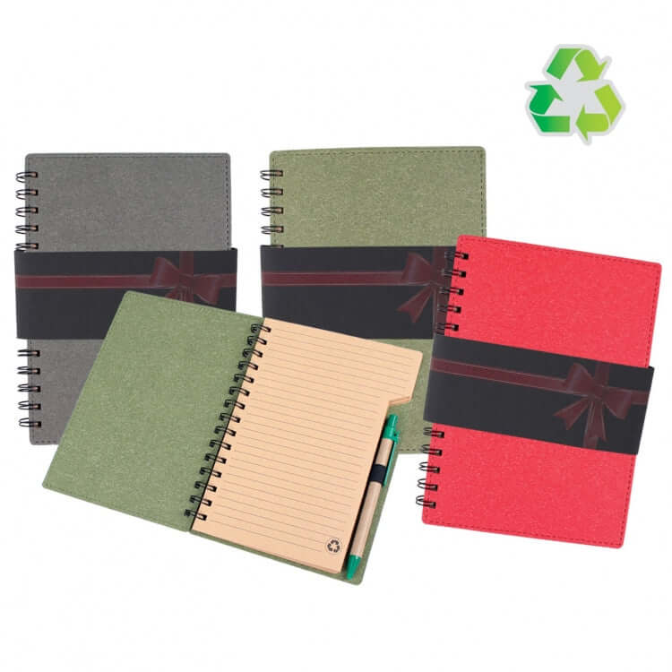 A5 Notebook with Pen available in Grey, Green, and Red, perfect for corporate gifts, showcasing high-quality paper.