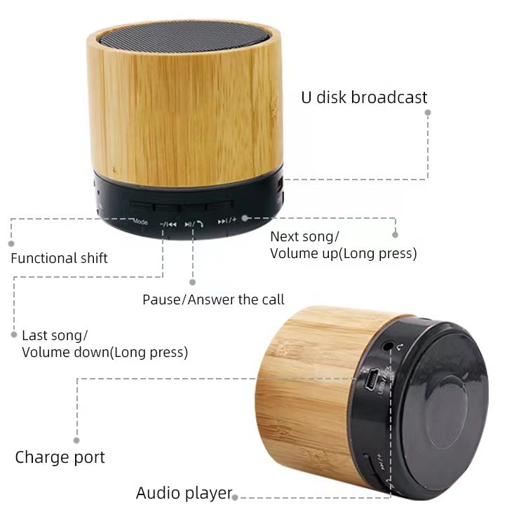 Bamboo Wood Speaker with audio controls and eco-friendly bamboo design, perfect for music lovers and corporate gifts.