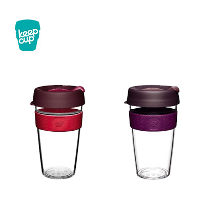 KeepCup Original Clear Cup 16oz in red and purple colors, ideal for corporate gifts.