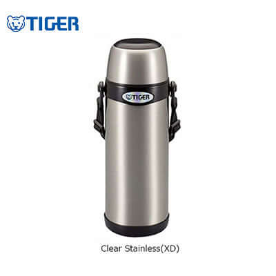 Tiger Stainless Steel Flask Bottle MBI-A in Clear Stainless finish with carrying strap.