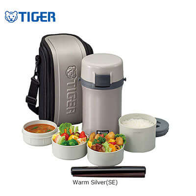 Tiger Lunch Box 4 Containers with Carrier LWE-F featuring warm silver design and included carrier bag.