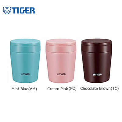 Tiger Stainless Food Jar MCL-A in Mint Blue, Cream Pink, and Chocolate Brown, perfect for meals on the go.