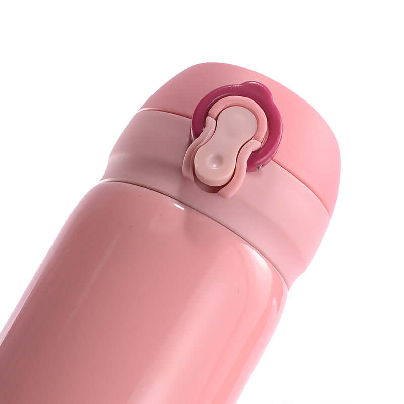 Pink stainless steel thermos flask with a convenient lid, perfect for keeping drinks hot or cold, ideal corporate gift.