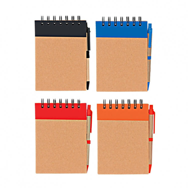 Eco Notepad with Pen in vibrant colors: Black, Blue, Red, and Orange, perfect for corporate gifts.
