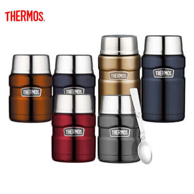 Thermos Stainless King Food Jar with Folding Spoon, various colors and sizes, perfect for personal or corporate gift.