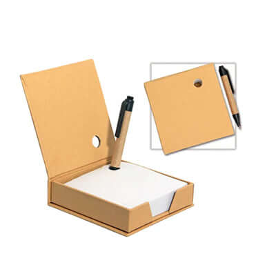 Recycled Memopad with Pen in a cardboard box, eco-friendly office supplies for corporate gifts.