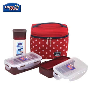 Lock & Lock 2 Pieces Lunch Box and Water Bottle Set including lunch bag, containers, and water bottle.