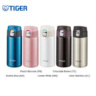 Tiger Light Stainless Steel Bottle MMJ-A in five colors: Marine Blue, Peach Blossom, Cream White, Chocolate Brown, and Clear Stainless.