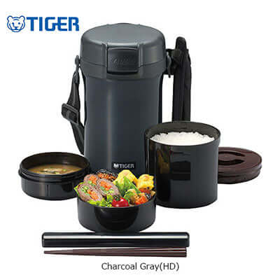 Tiger Lunch Box with Strap LWU-A in Charcoal Gray with containers and chopsticks