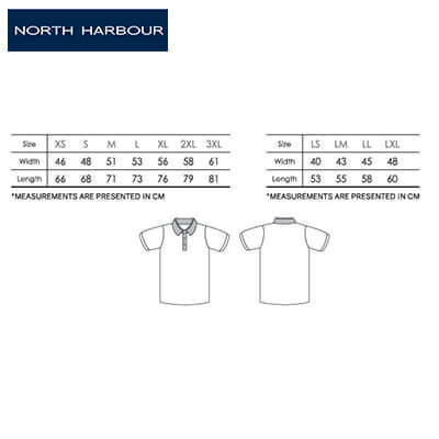 Size chart for North Harbour 2800 Glance Polo T-Shirt, including measurements in cm for various sizes.
