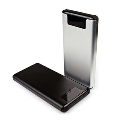 10000mAh Power Bank with Digital Display in black and silver colors, showcasing a sleek design for fast charging.