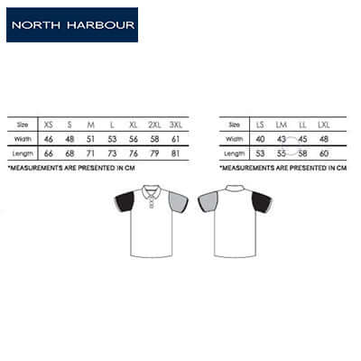 Size chart for North Harbour 2300 Murphy Polo T-Shirt, showing measurements in cm for various sizes.