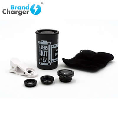 BrandCharger Lenso Smartphone Clip on Photography lens kit including fisheye, wide-angle, and macro lenses.