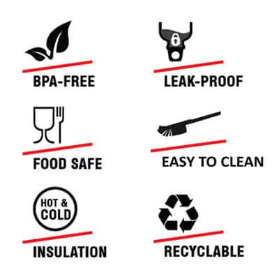 Icons representing features of SIGG Gemstone FJ Selenite Food Jar 750ml: BPA-free, leak-proof, food safe, easy to clean, hot & cold insulation, recyclable.