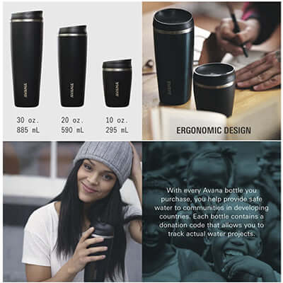Avana Sedona Insulated Stainless Steel Tumbler in various sizes showcasing ergonomic design and corporate gift potential.