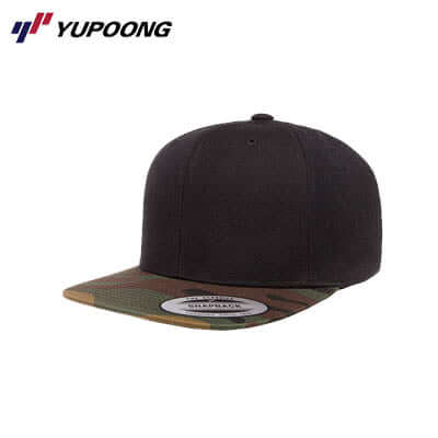 Yupoong 6089TC Camo Snapback cap featuring a black body and camo visor, perfect for outdoor adventures or corporate gifts.