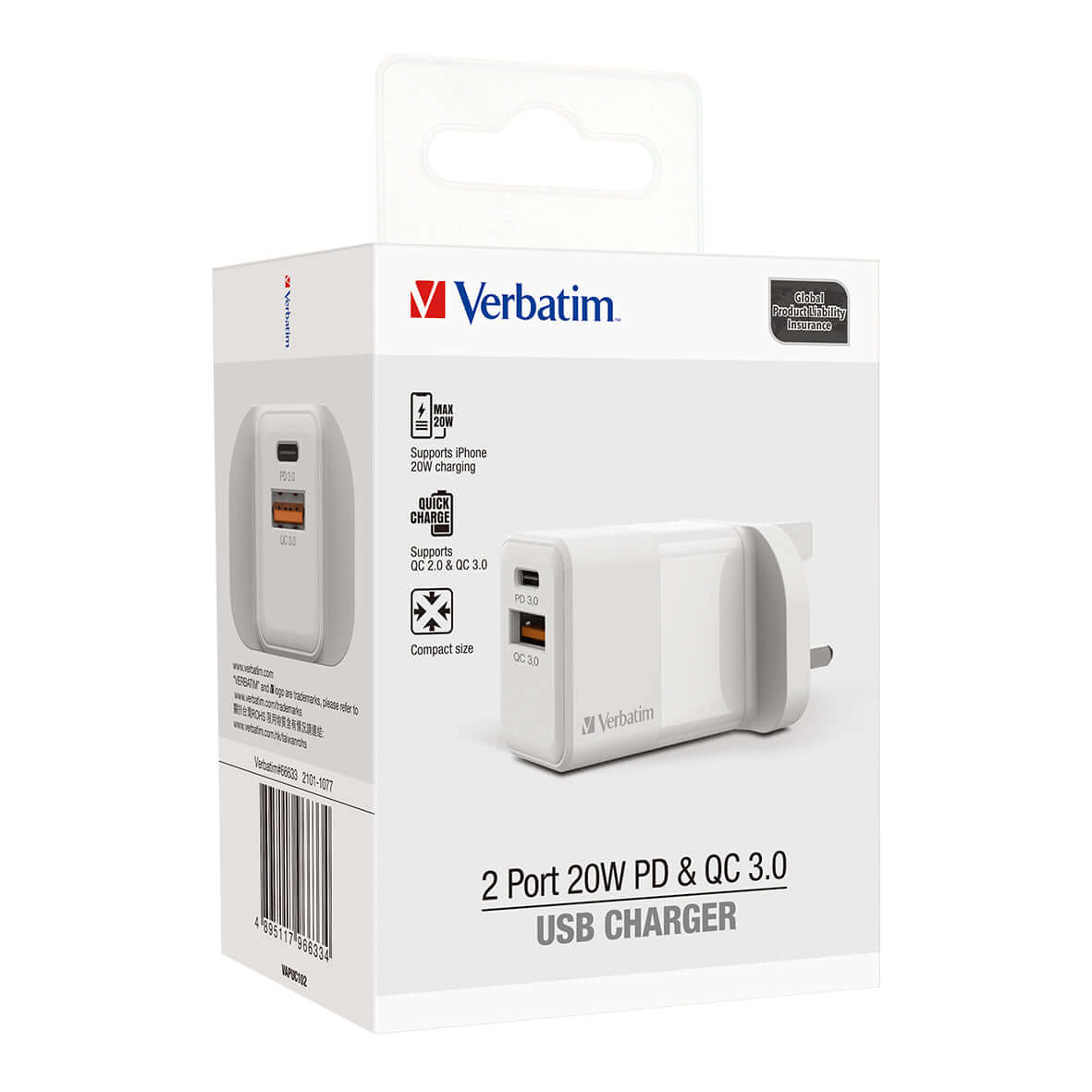 Verbatim 2 Port 20W PD & QC 3.0 USB Charger packaging with dual port charging features.