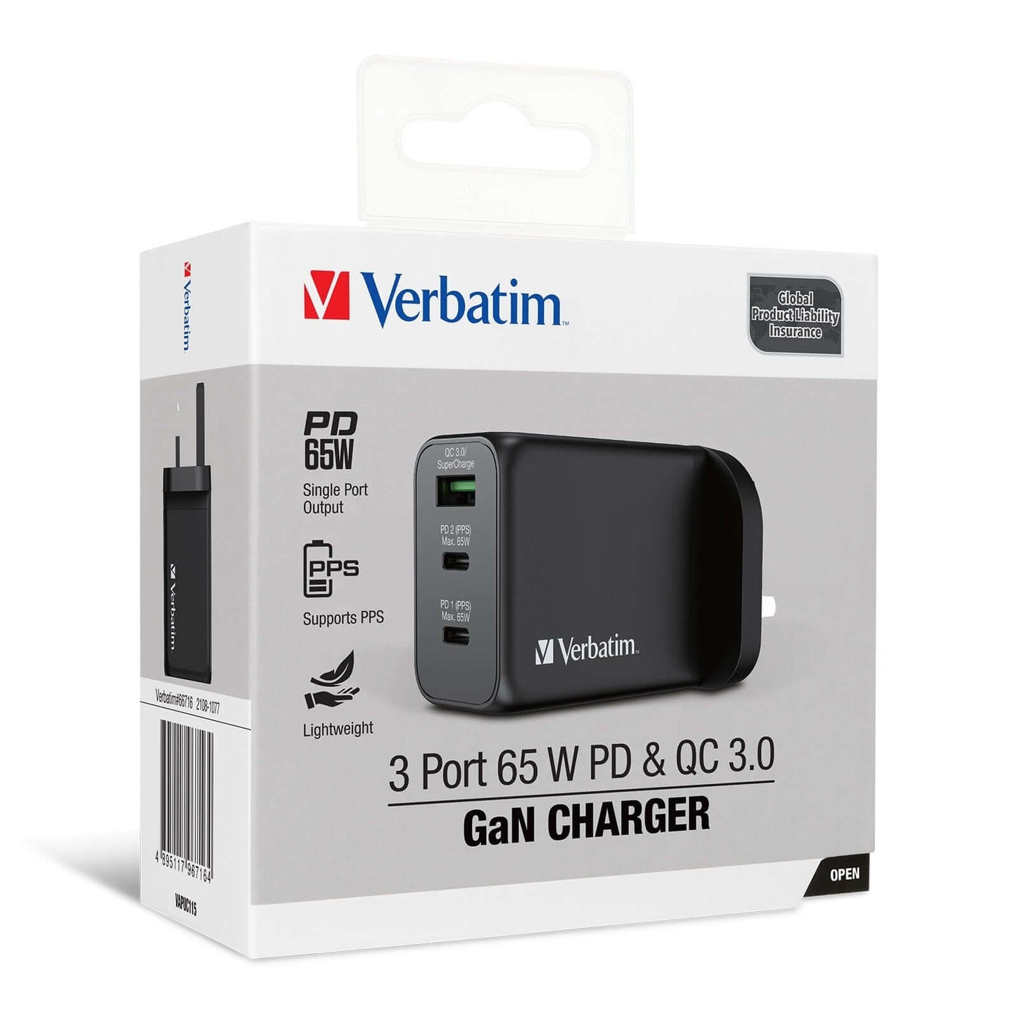 Verbatim 3 Port 65W PD 3.0 & QC 3.0 GaN Charger packaging with product specifications.