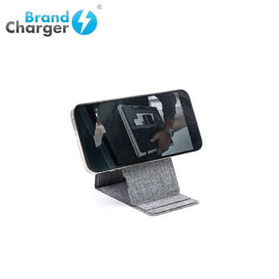BrandCharger Eco Ascend Charge wireless charger on a stand, featuring eco-friendly design and Magsafe compatibility.