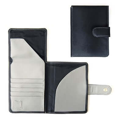 Muse Passport Holder in black and grey, a stylish and functional travel accessory for corporate gifts.