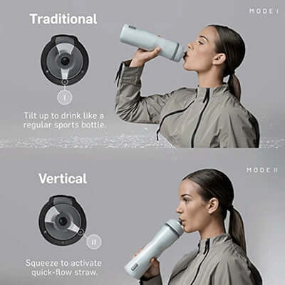 BlenderBottle Hydration Halex™ Squeeze Water Bottle with Straw 32oz demonstrating traditional and vertical drinking modes.