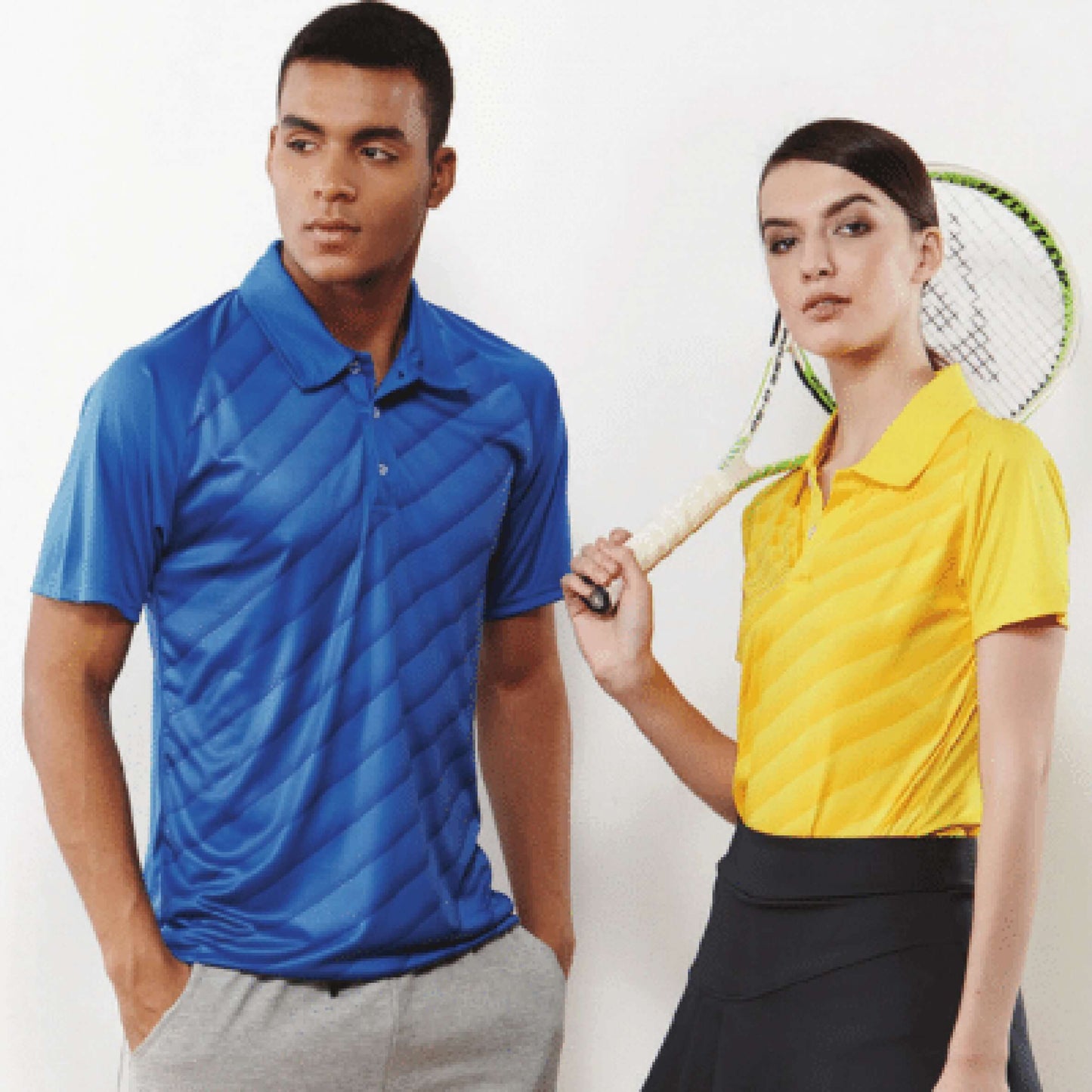 Crossrunner 2700 Sublimated Polo T-Shirt worn by male and female models, showcasing sporty style and performance fabric.