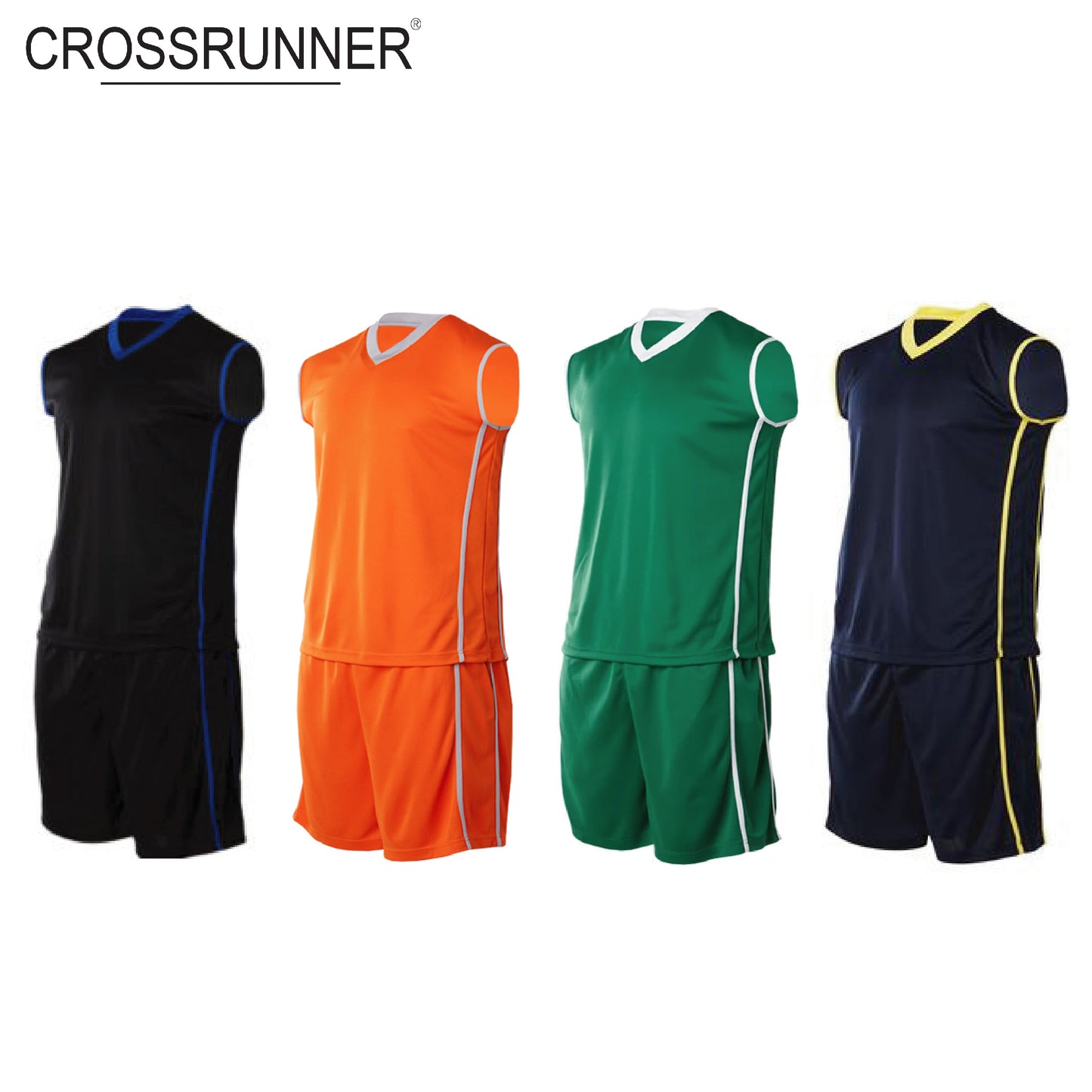 Crossrunner 1300 Waist Piping Basketball Suit in black, orange, green, and navy colors, ideal for athletes.