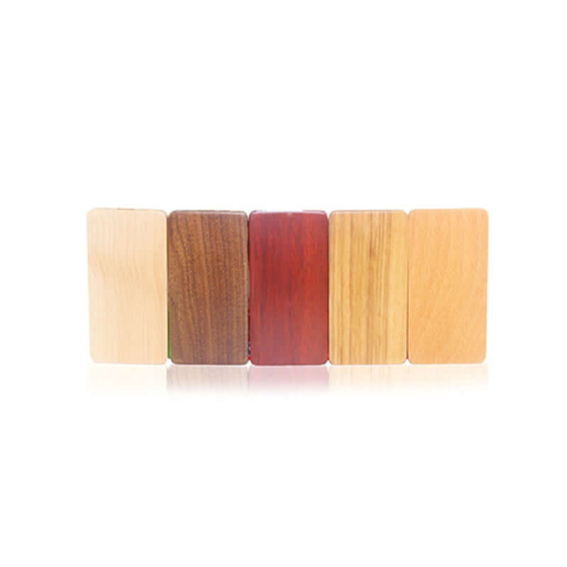 Eco-Friendly Wooden Powerbank 10000mAh different wood finishes including Maple, Walnut, Rose wood, and Bamboo.