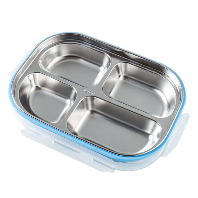 Stainless Steel Bento Lunch Box with Plastic Lid featuring four compartments for meal prep and on-the-go dining.