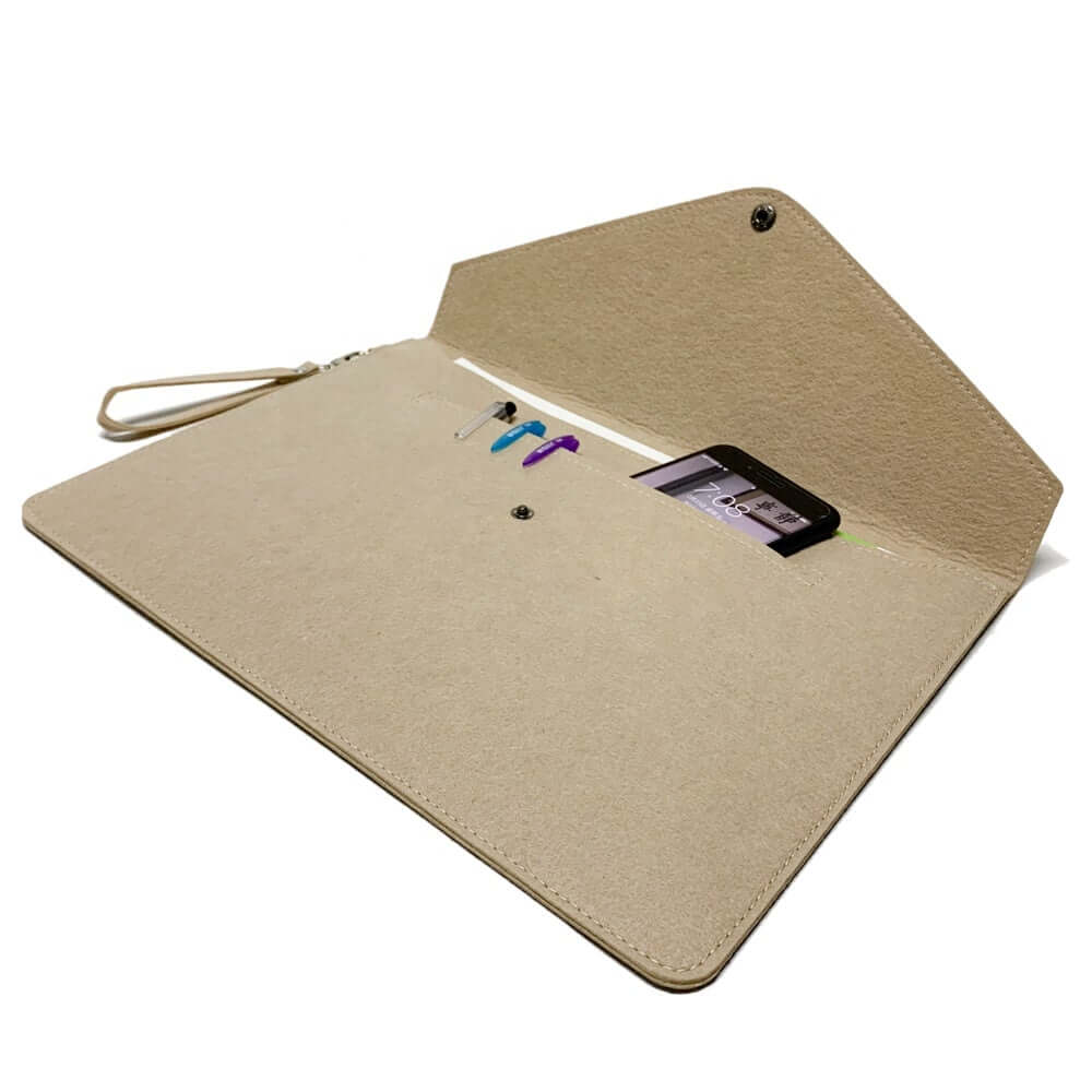 A4 Wool Felt Document Pouch in beige showing interior with phone and card slots, perfect corporate gift for organization.
