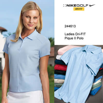 Nike Golf Ladies Dri-FIT Pique Polo Shirt in light blue, featuring rib-knit collar and three-button placket.