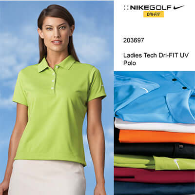 Nike Golf Ladies Tech Basic Dri-FIT UV Polo Shirt in vibrant green with a variety of colors displayed, ideal corporate gift for golfers.