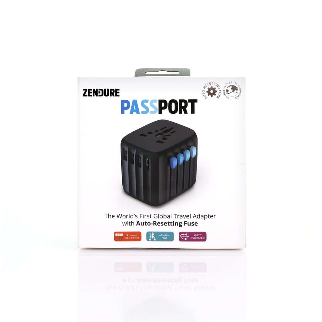 4 USB Travel Adapter with auto-resetting fuse, perfect for safe international charging.