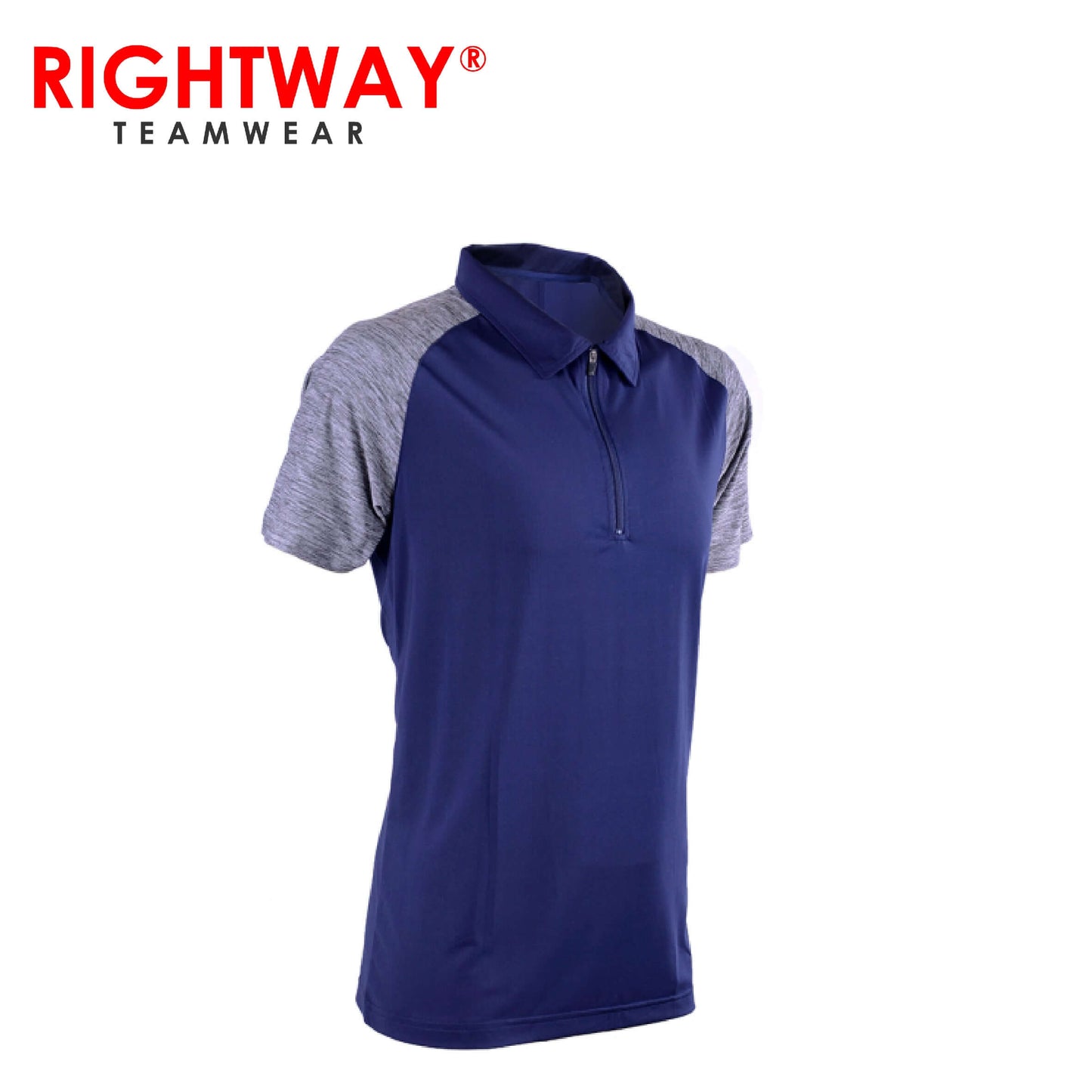 Rightway MOZ 44 Zipper Under-Armour Inspired polo shirt in navy with grey sleeves, ideal for active men.