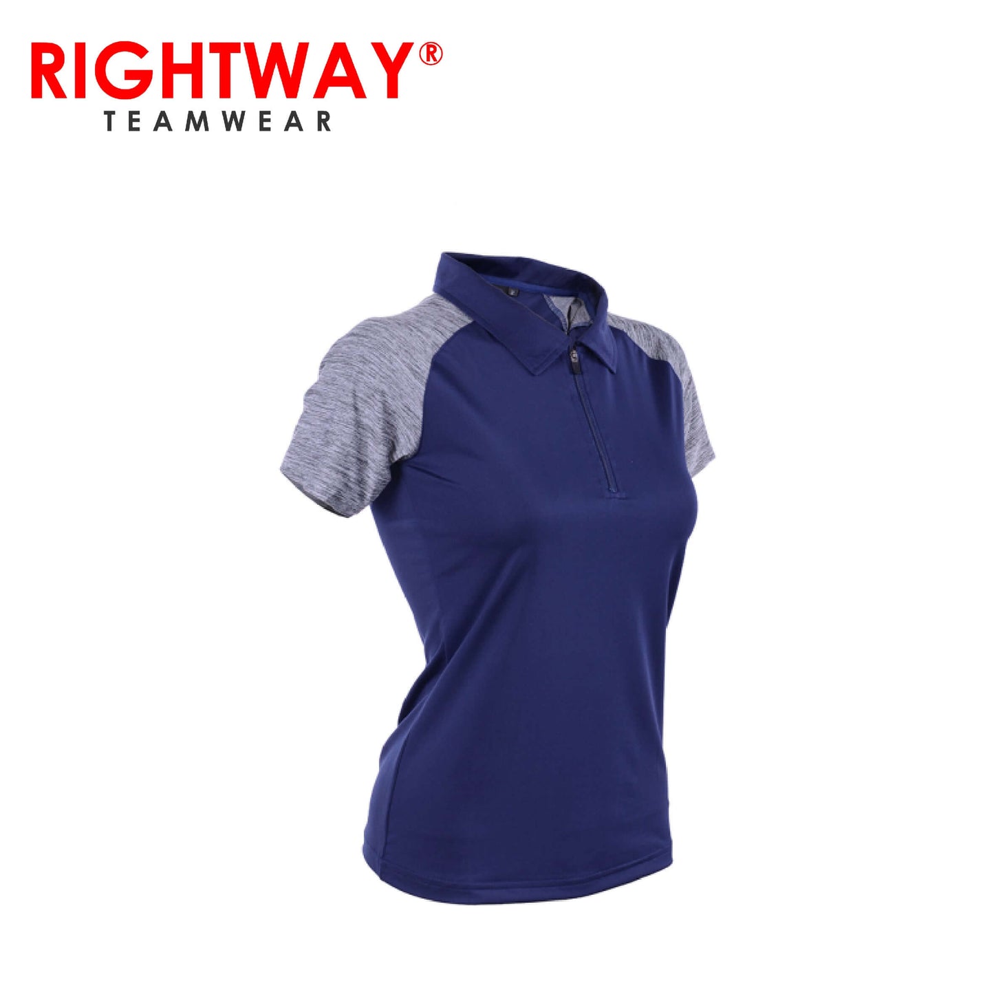 Rightway WOZ 44 Women Zipper Under-Armour Inspired T-Shirt in navy with grey sleeves, ideal for sports and corporate gifts.