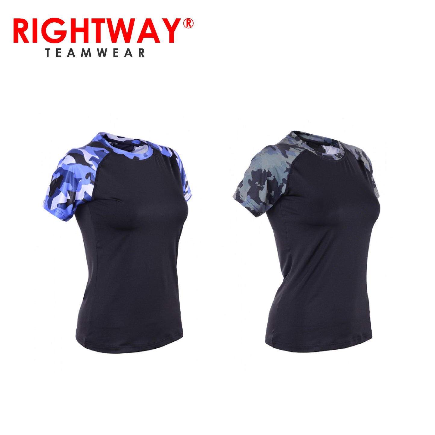 Rightway WOR 47 Women Sublimation Round Neck T-Shirt in blue and green camo designs, ideal for sports and fitness activities.