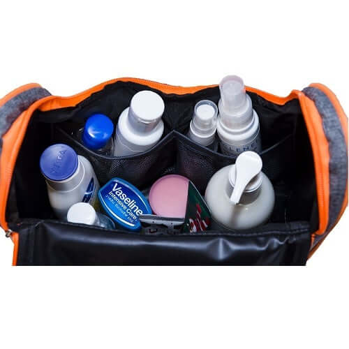 Inside view of the 2 Tone Nylon Toiletries Bag featuring organized personal care products.