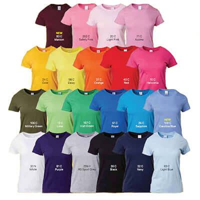 Gildan Ladies T-Shirt in various colors showcasing vibrant options for comfortable everyday wear.