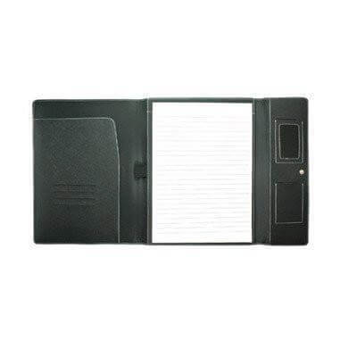 A4 Folder with button closure, high-quality bicast leather, includes writing pad, pen loop, card slots, corporate gift.