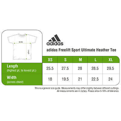 Size chart for adidas Freelift Sport Ultimate Heather Tee showing measurements for XS, S, M, L, and XL.