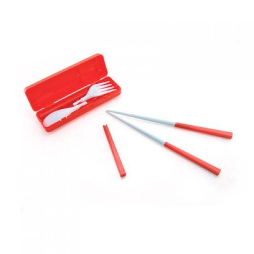 Convenient Cutlery Set including a red case, white fork, and chopsticks, perfect for dining and corporate gifts.